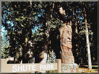 A large wooden statue of an Indian in the middle of a forest.