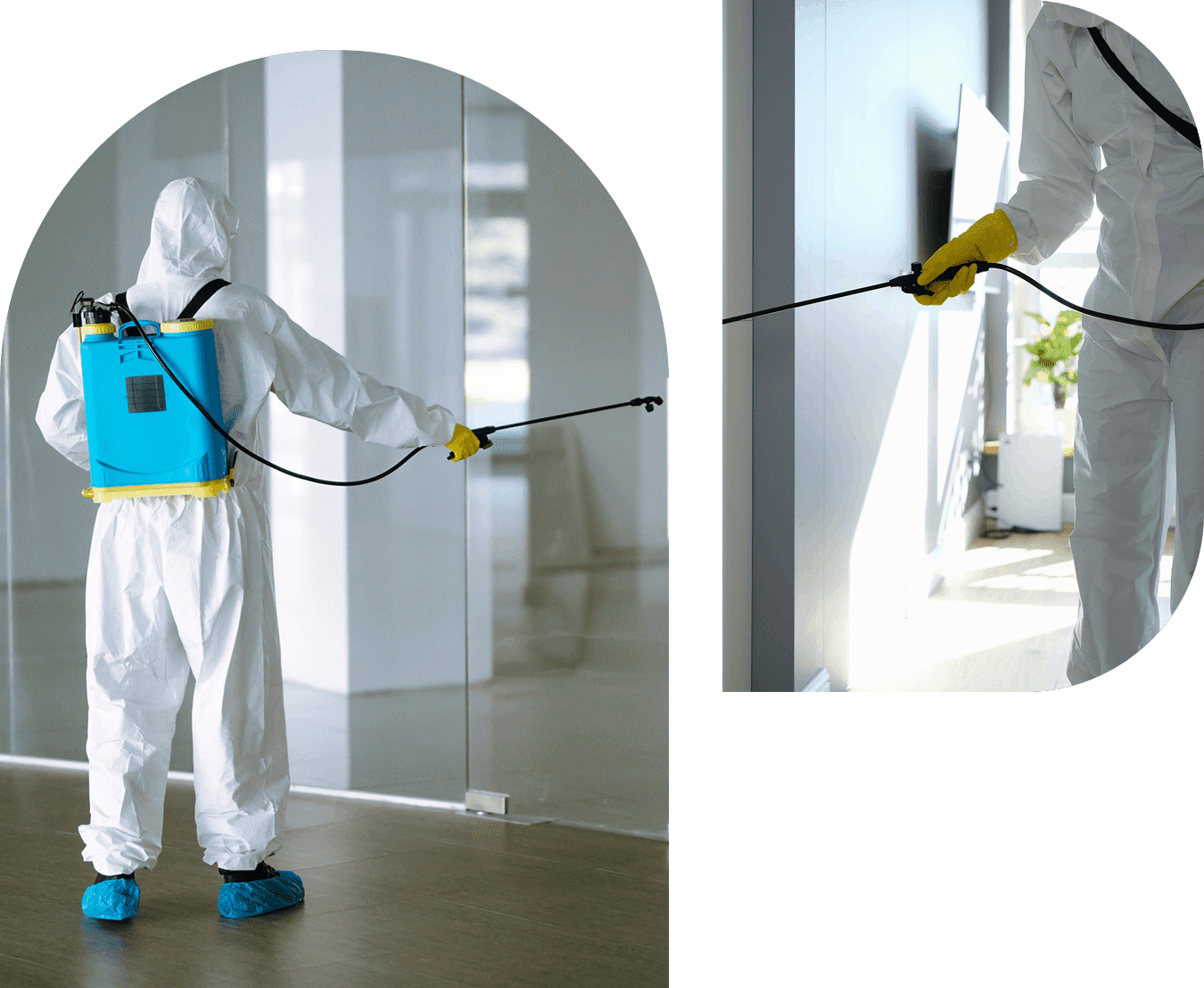 h1 03 Person disinfecting room in protective gear.